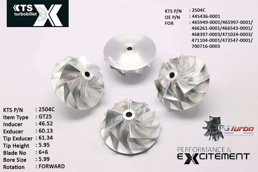 Turbo ROUE FORGÉE MFS PERFORMANCE - 6+6 PALES - INDUCER : 46,52 - EXDUCER : 60,13 - TYPE : GT25ANGLE : 60° - ROTATION : Forward - SUPER BACK : 2,3 - BORE SIZE : 6
